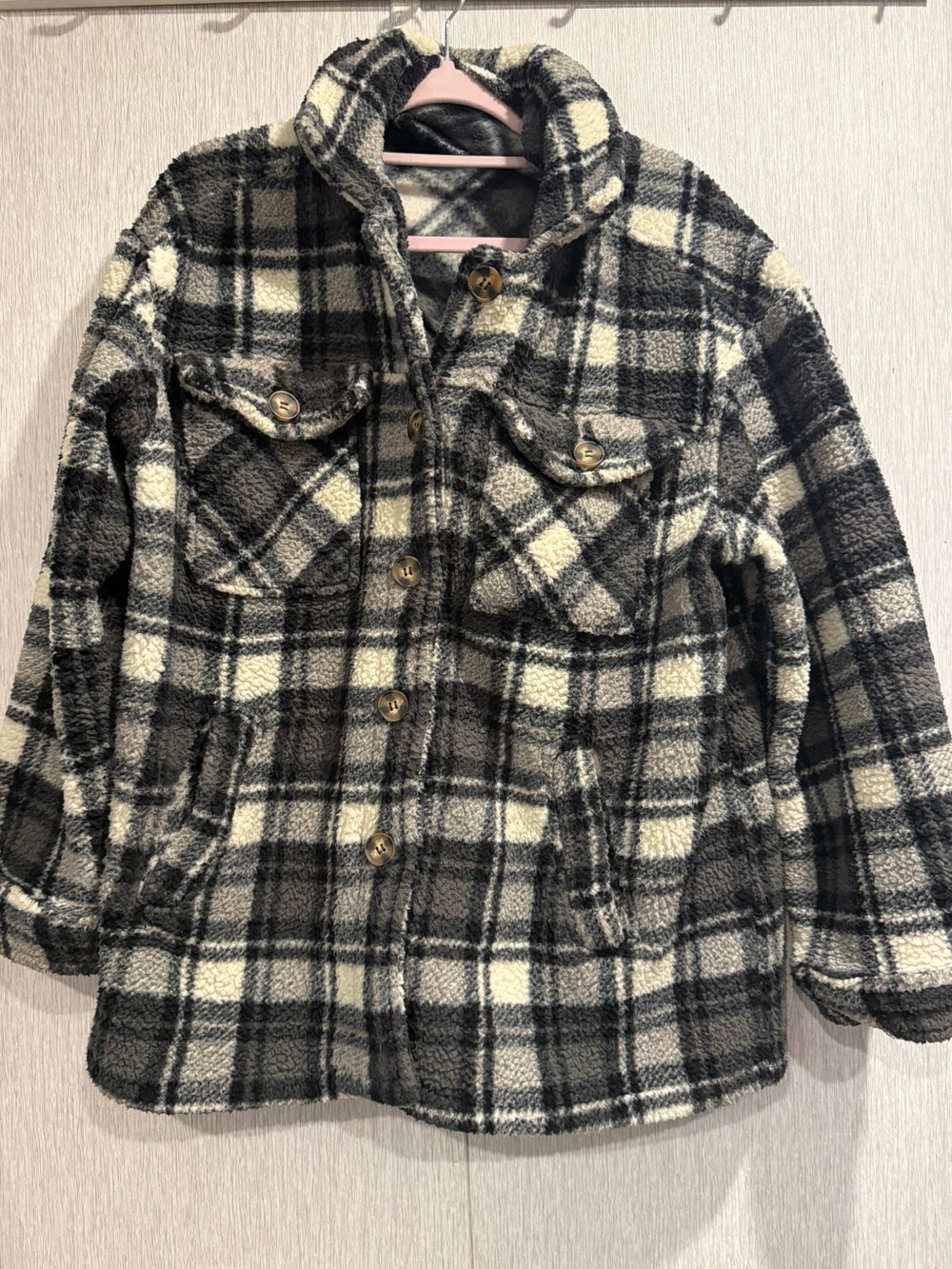 Black & Cream Plaid Sherpa Jacket